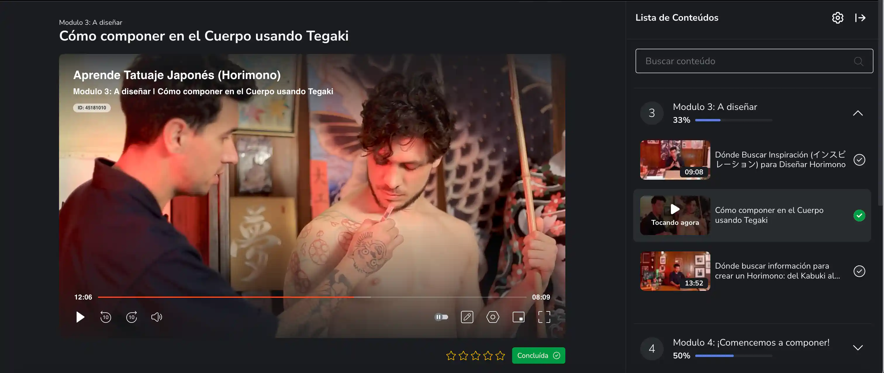 Vista del aula virtual del curso de tatuaje japonés