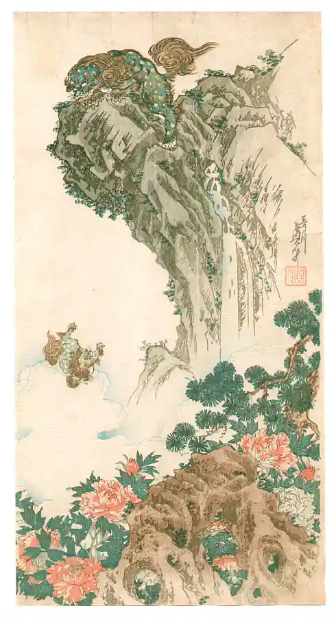 Ilustración japonesa del karajishi sobre un acantilado con peonías y rocas, referencia clásica del león mitológico